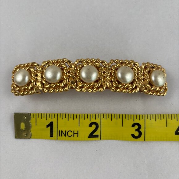 VTG Barrette Faux Pearl Gold Tone Square Rope Hair Clip France - Picture 5 of 6